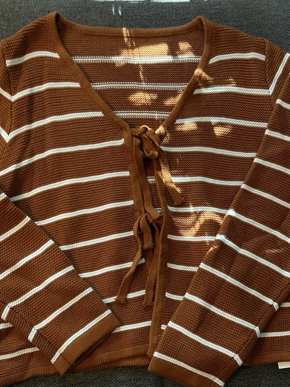 Rust Brown & White Striped Tie-Front Knit Cardigan